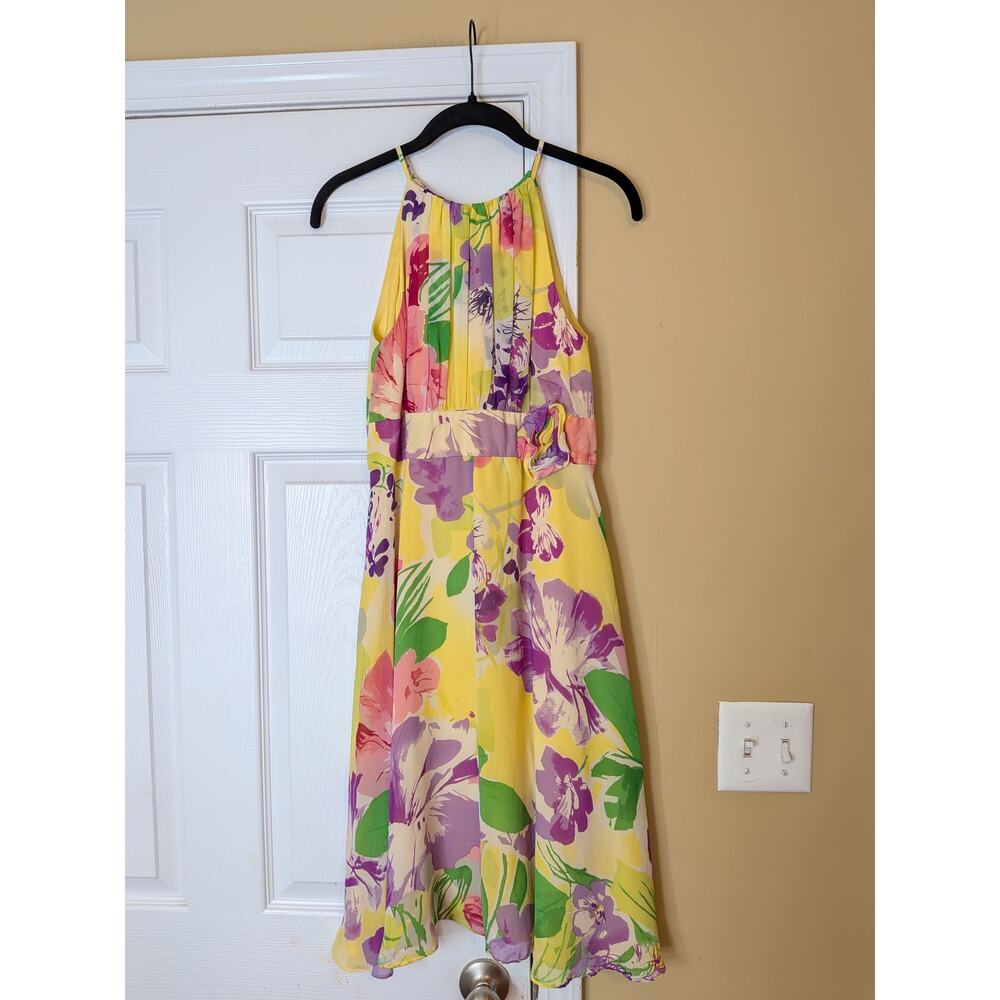 Madison 100% Silk Yellow Rose Floral Halter Dress Size 4 Feminine Flowy Summer